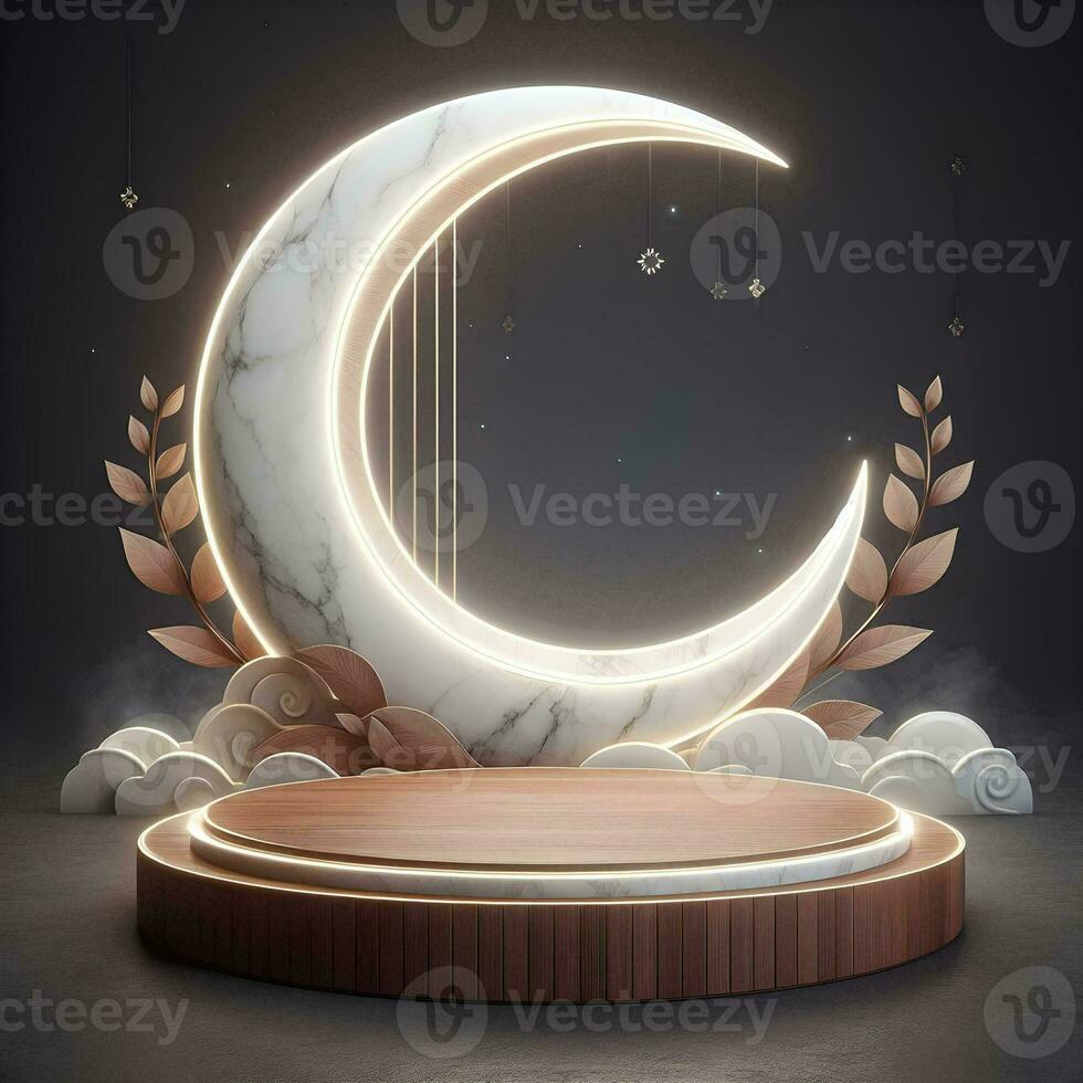 AI generated Podium mockup for advertising in round shape from marble and wood, AI generated. photo