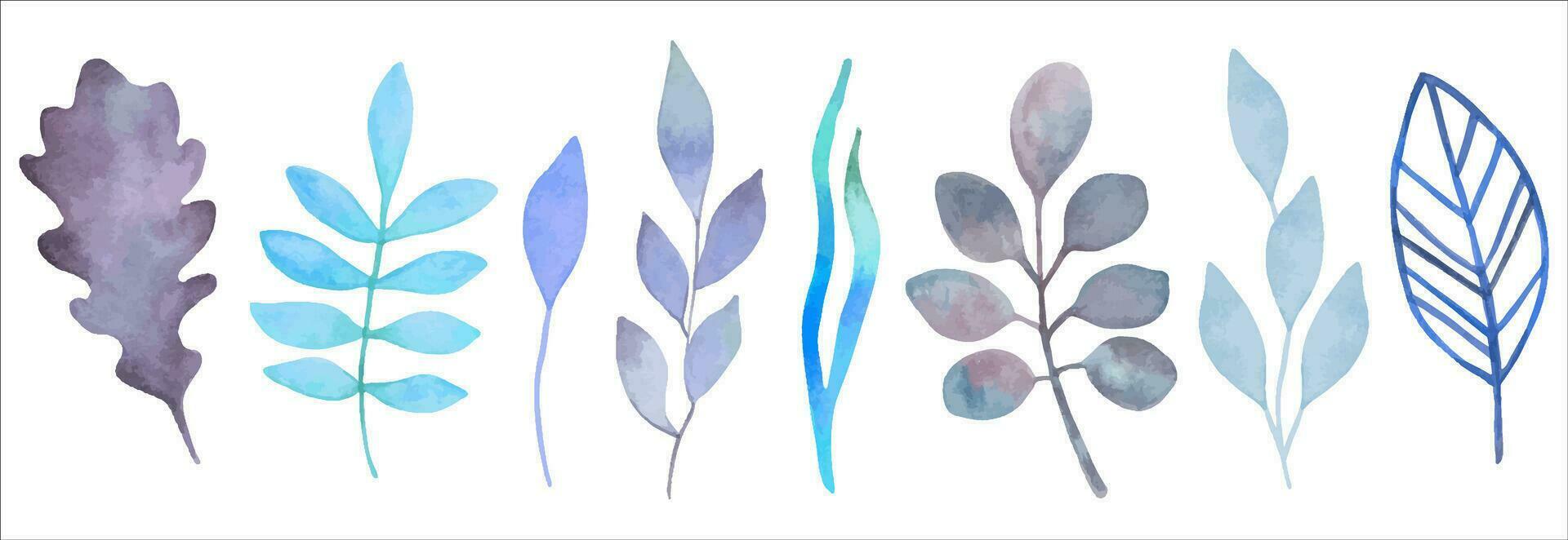 Collection of blue branches and leaves.Watercolor botanical clipart in winter colors. Simple minimalistic various shapes for the design of cards, invitations. Hand drawn isolated art. vector