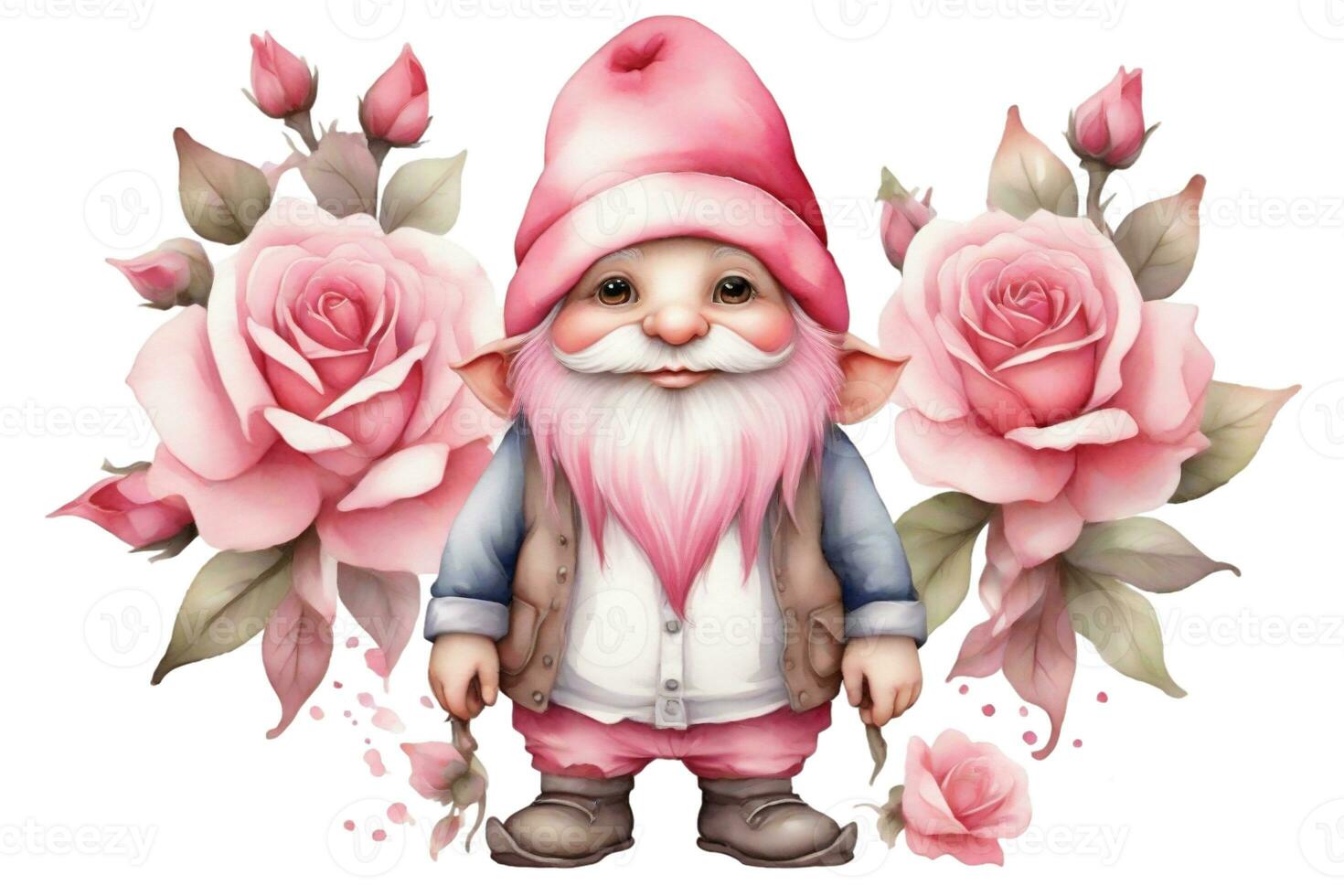 AI generated pink love dwarfs with roses on white background photo