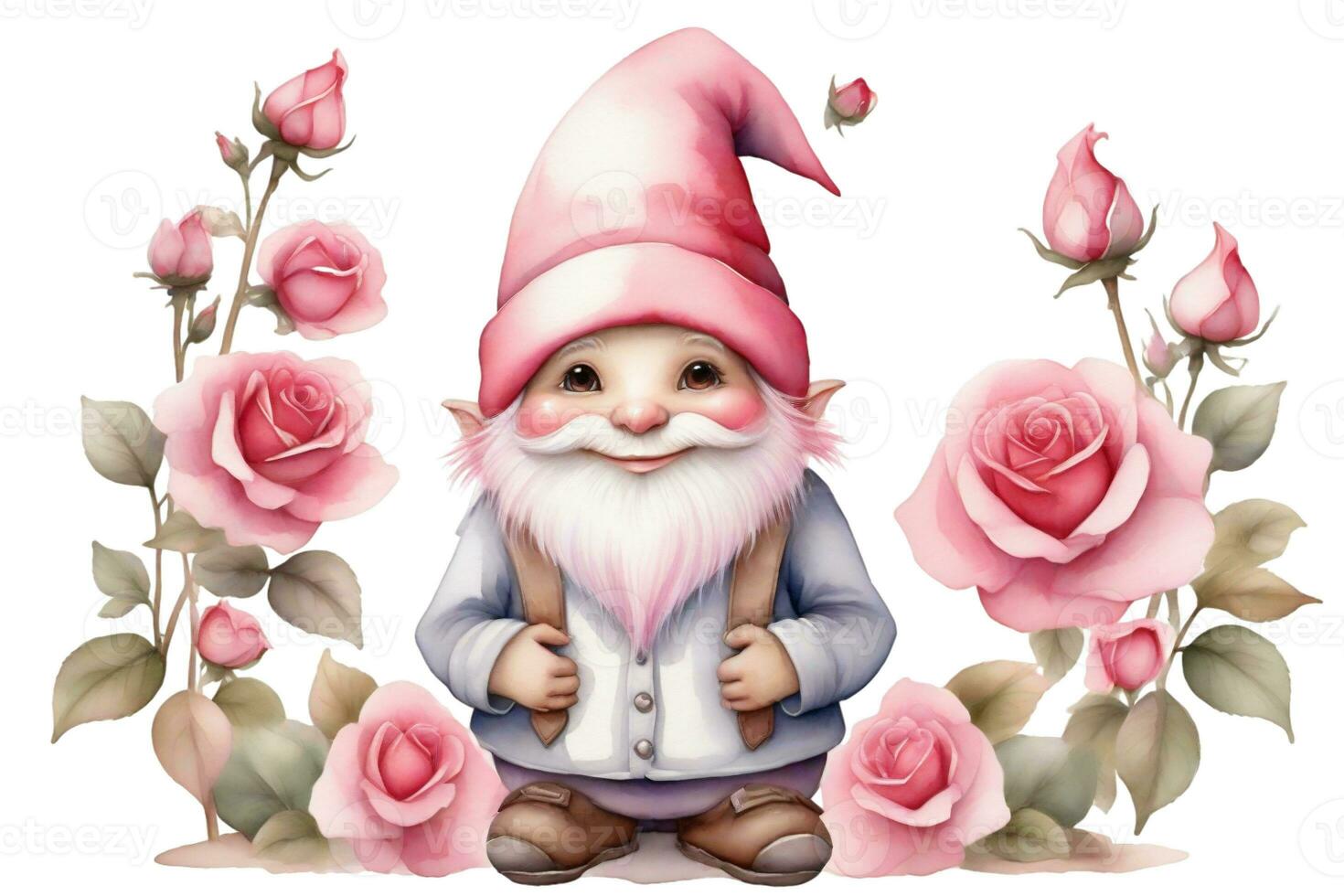 AI generated pink love dwarfs with roses on white background photo