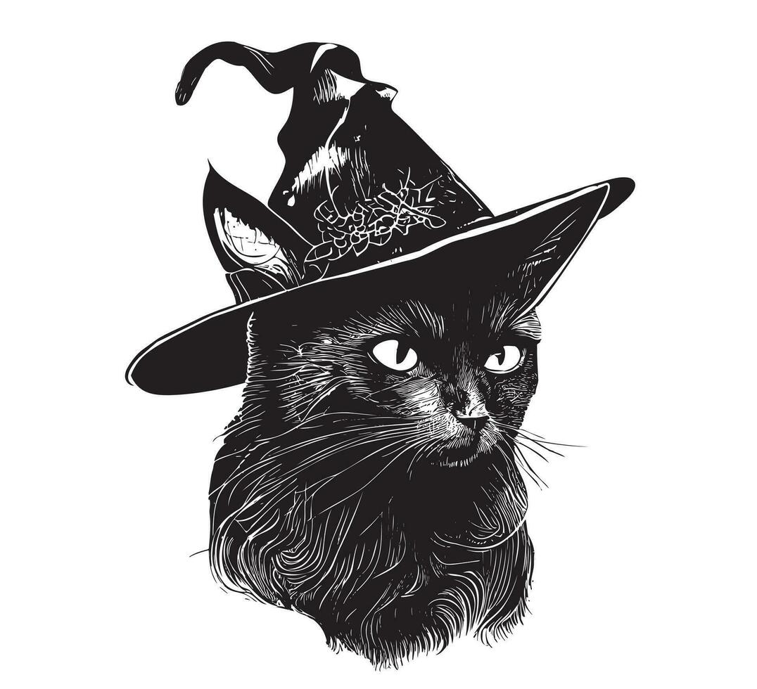 Black cat in a witch hat portrait sketch hand drawn Halloween vector illustration
