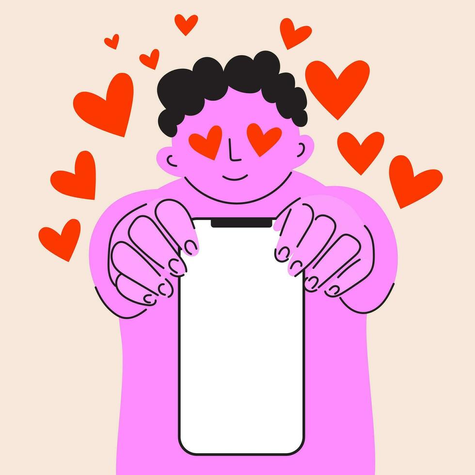 Man holds the phone with the screen facing viewer. Man exciting by the phone and pulls his hands to it. Smartphone with empty screen. Phone template with positive person who likes product vector