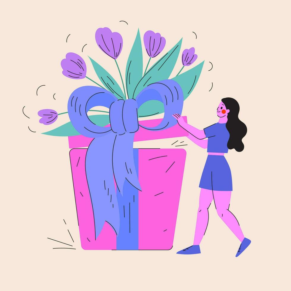 Happy Women's day card. Girl opens a huge gift box. Bouquet of flowers. Surprise for woman on a holiday. Cheerful character opening present. Valentine's day. 8 march vector