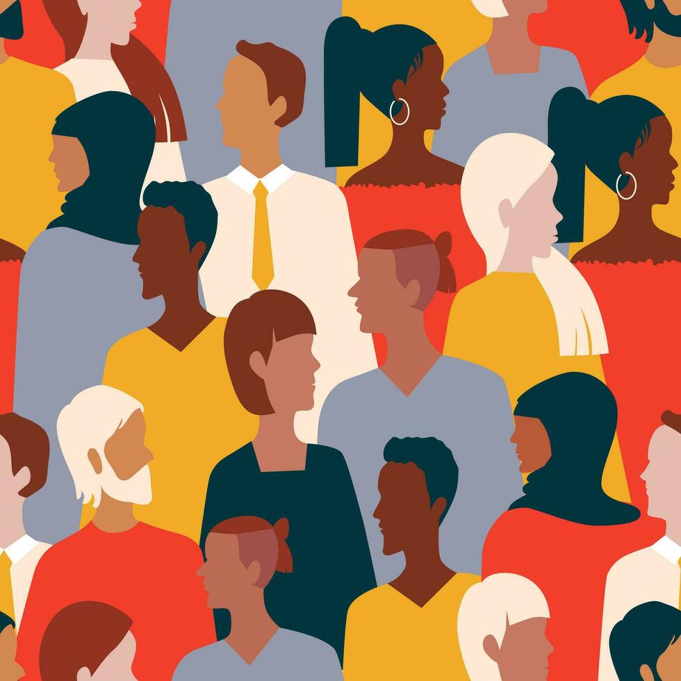 Seamless pattern of diverse interracial group of people standing together. Stop racism concept. Black lives matter. Diversity of religions. Protesting people. People with faces in profile vector