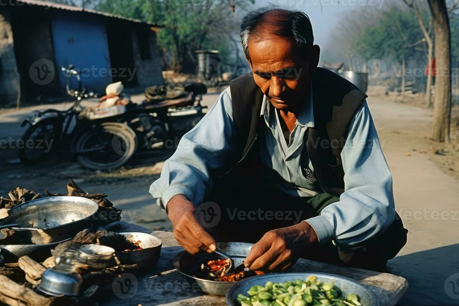 AI generated An Old Man Preparing Food on a Dirt Floor photo