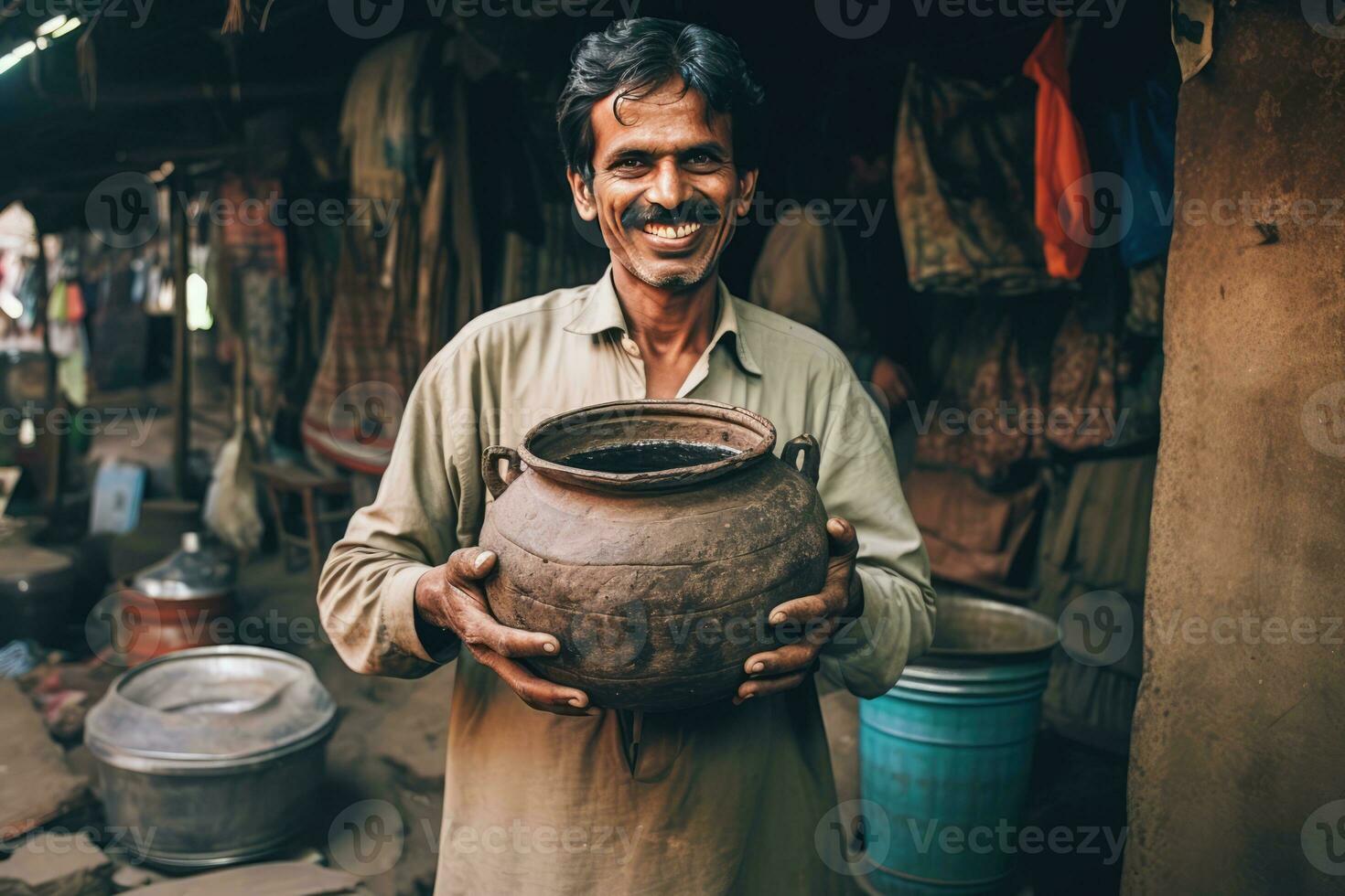 AI generated A Happy Man Displaying a Large Clay Pot photo