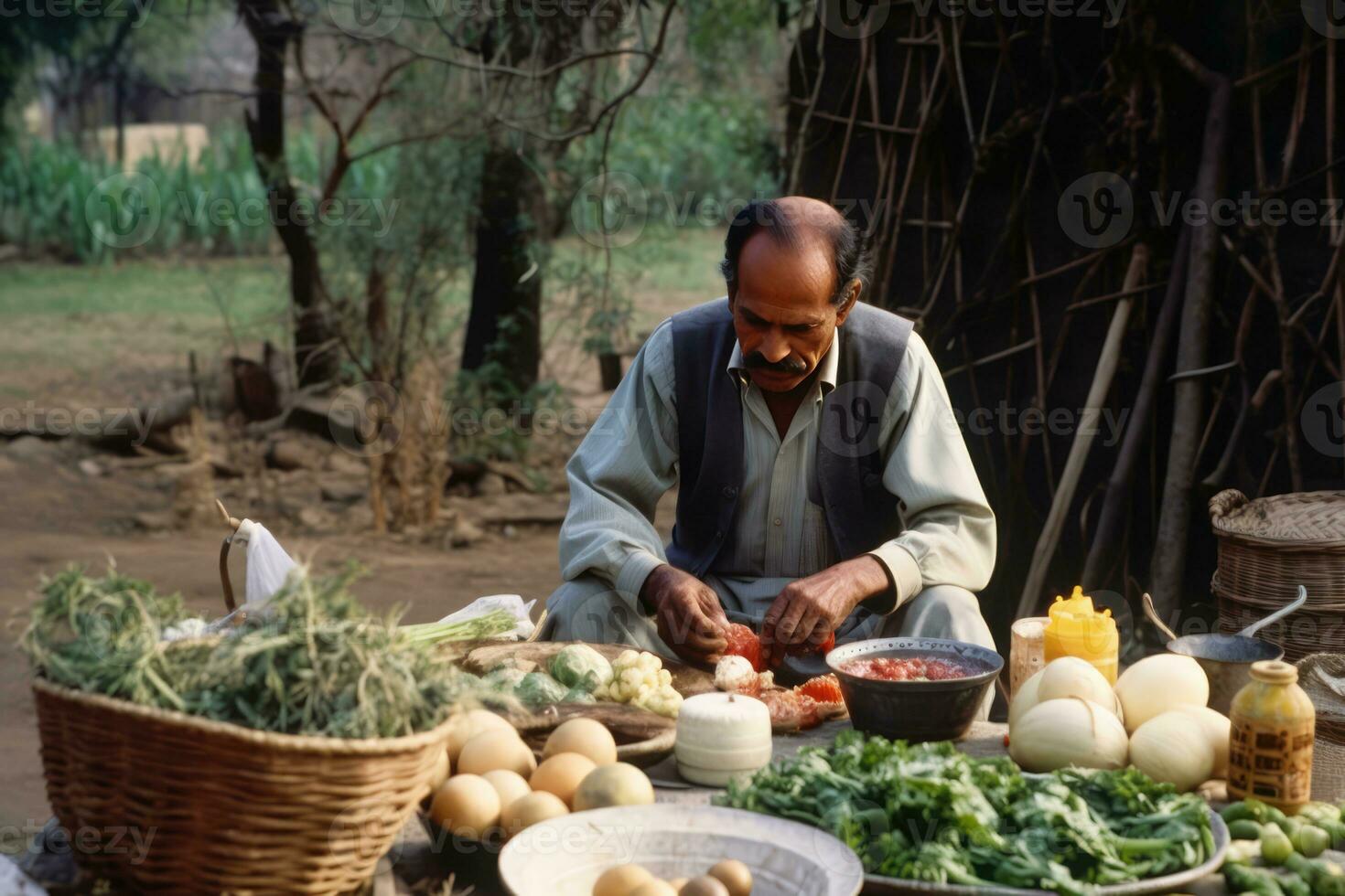 AI generated A Man Sitting Outdoors and Enjoying a Fresh Vegetable Feast photo