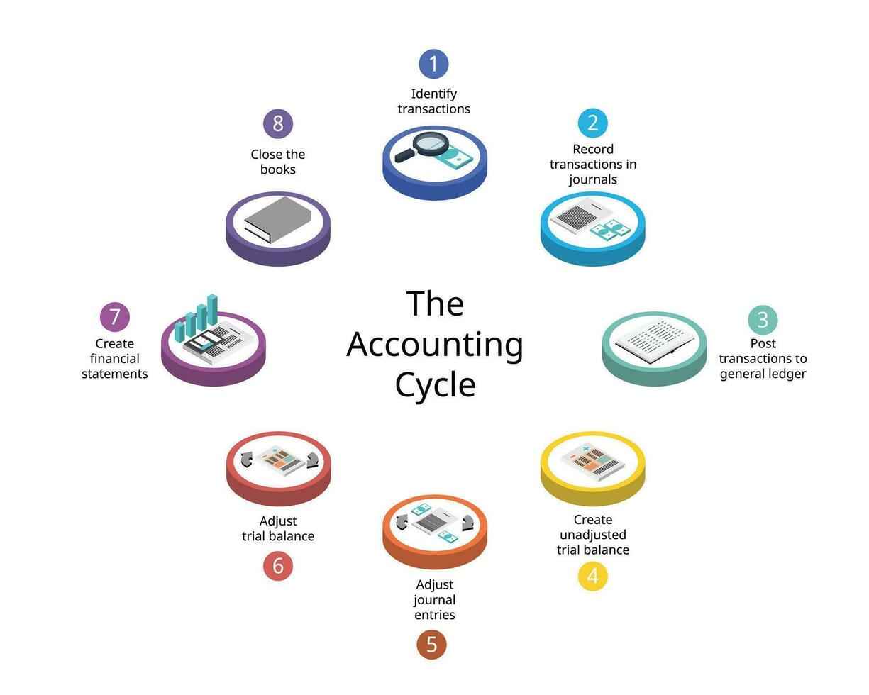 The 8 Steps in the Accounting Cycle for financial statements report vector