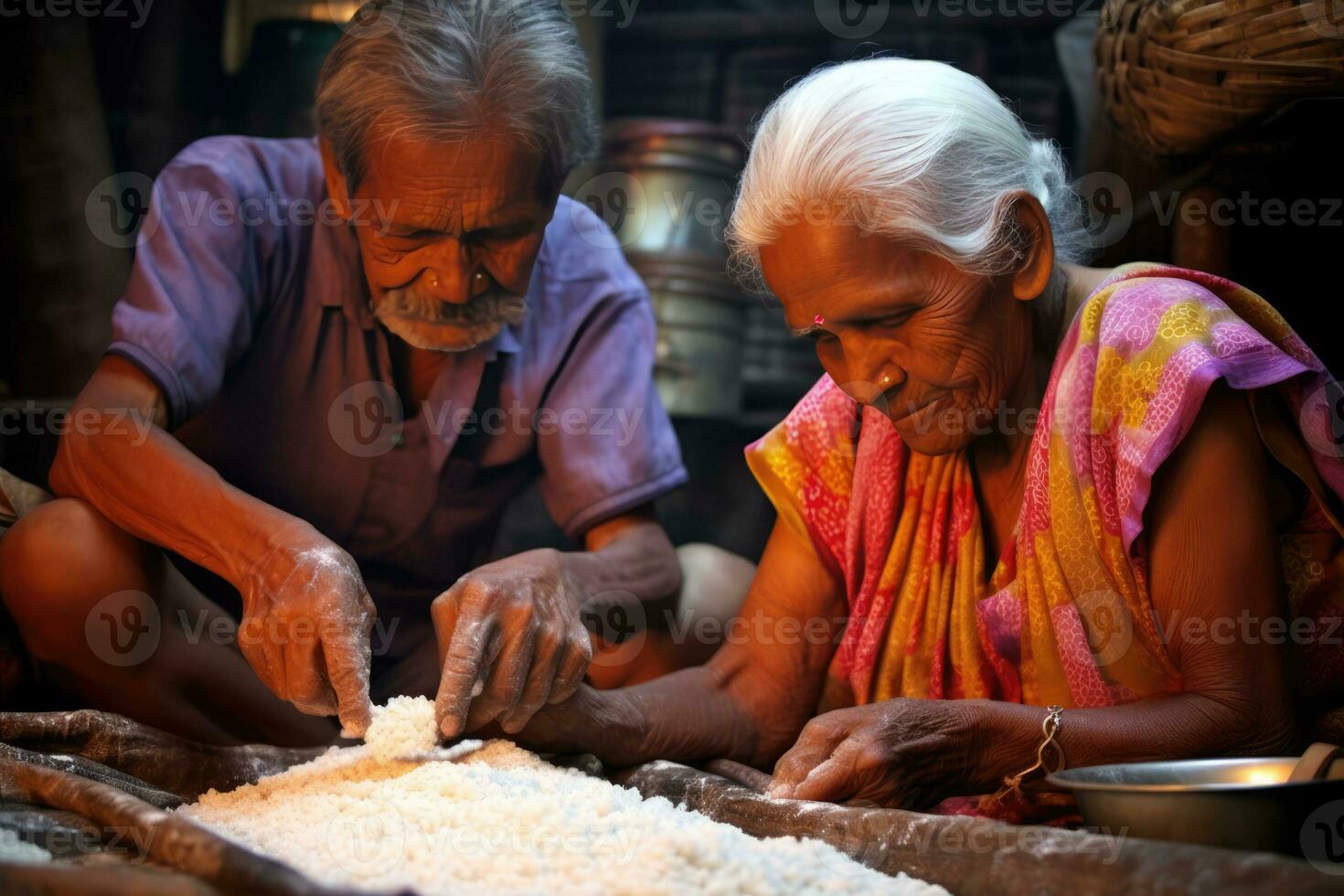 AI generated An elderly man and woman working together to prepare rice. photo