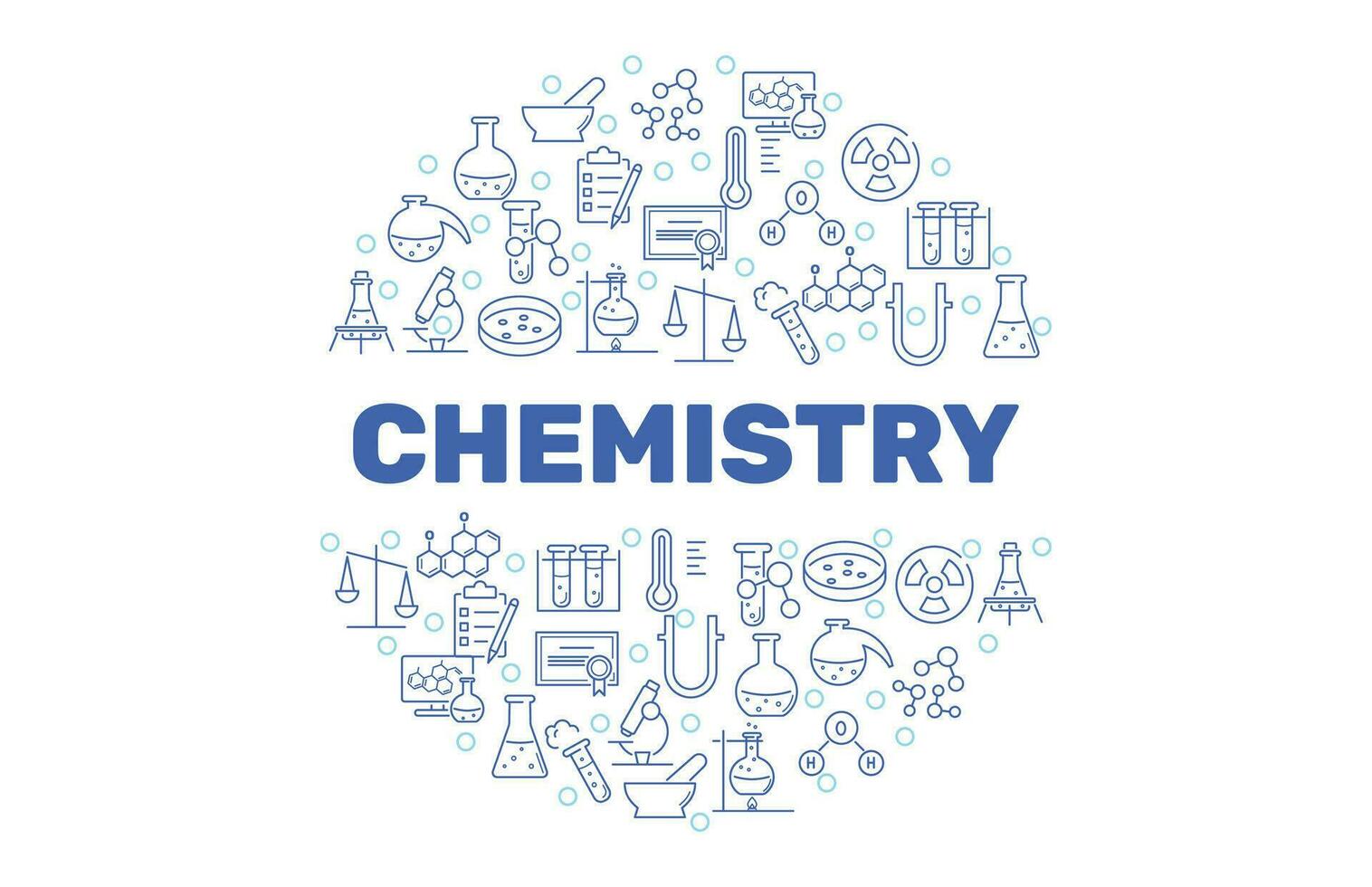 química circulo bandera, Ciencias antecedentes. laboratorio equipo póster. científico investigación. línea íconos de prueba tubos y matraces vector ilustración.