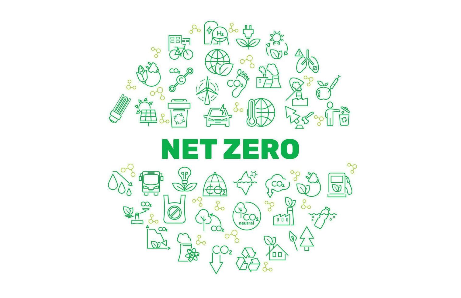 Net zero circle green banner. Carbon neutral concept. wind turbine, bicycle,light bulb, carbon footprint, ocean cleanup, co2 molecule, recycling, public transportation, green factory. Vector. vector