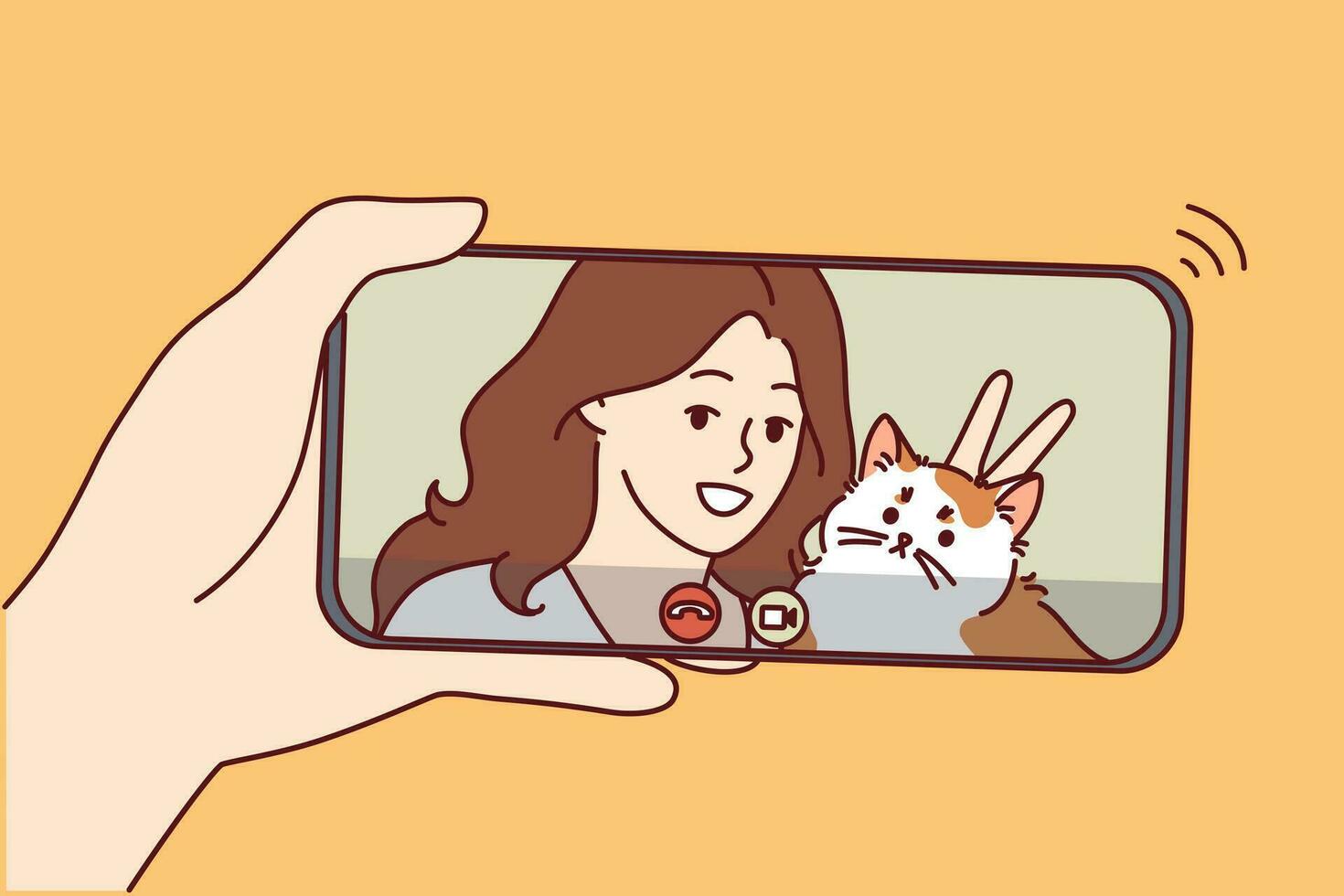 Woman with cat in phone screen during video call, for concept internet communications. Video call to friend or sister with funny kitten via smartphone to discuss news or arrange weekend meeting vector