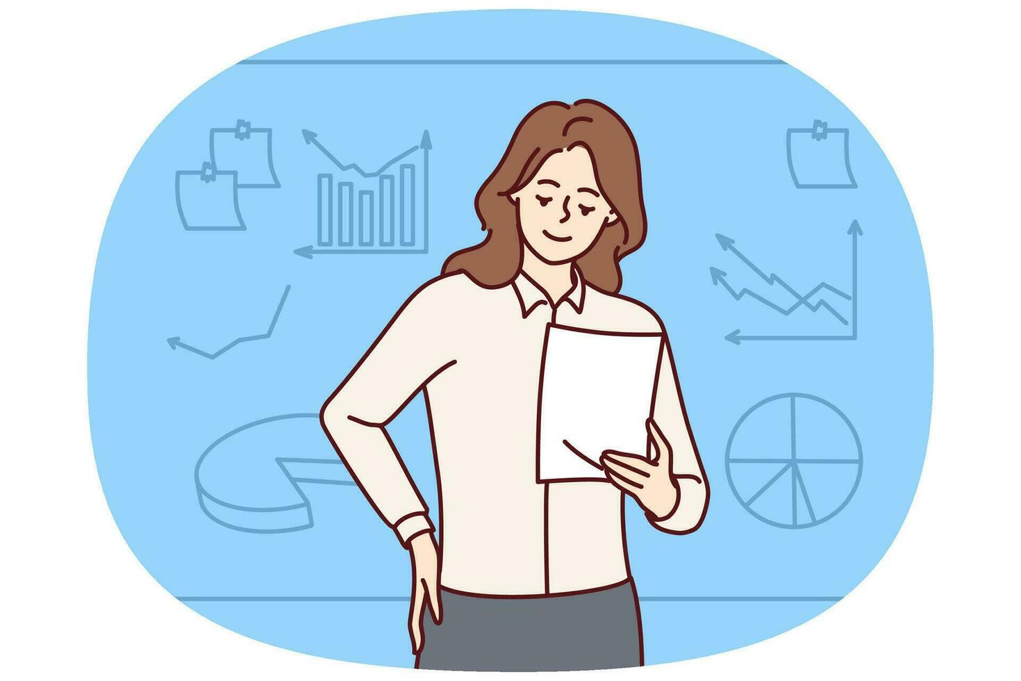 Businesswoman hold document make business presentation near board in office. Smiling female speaker with paperwork present near whiteboard. Vector illustration.