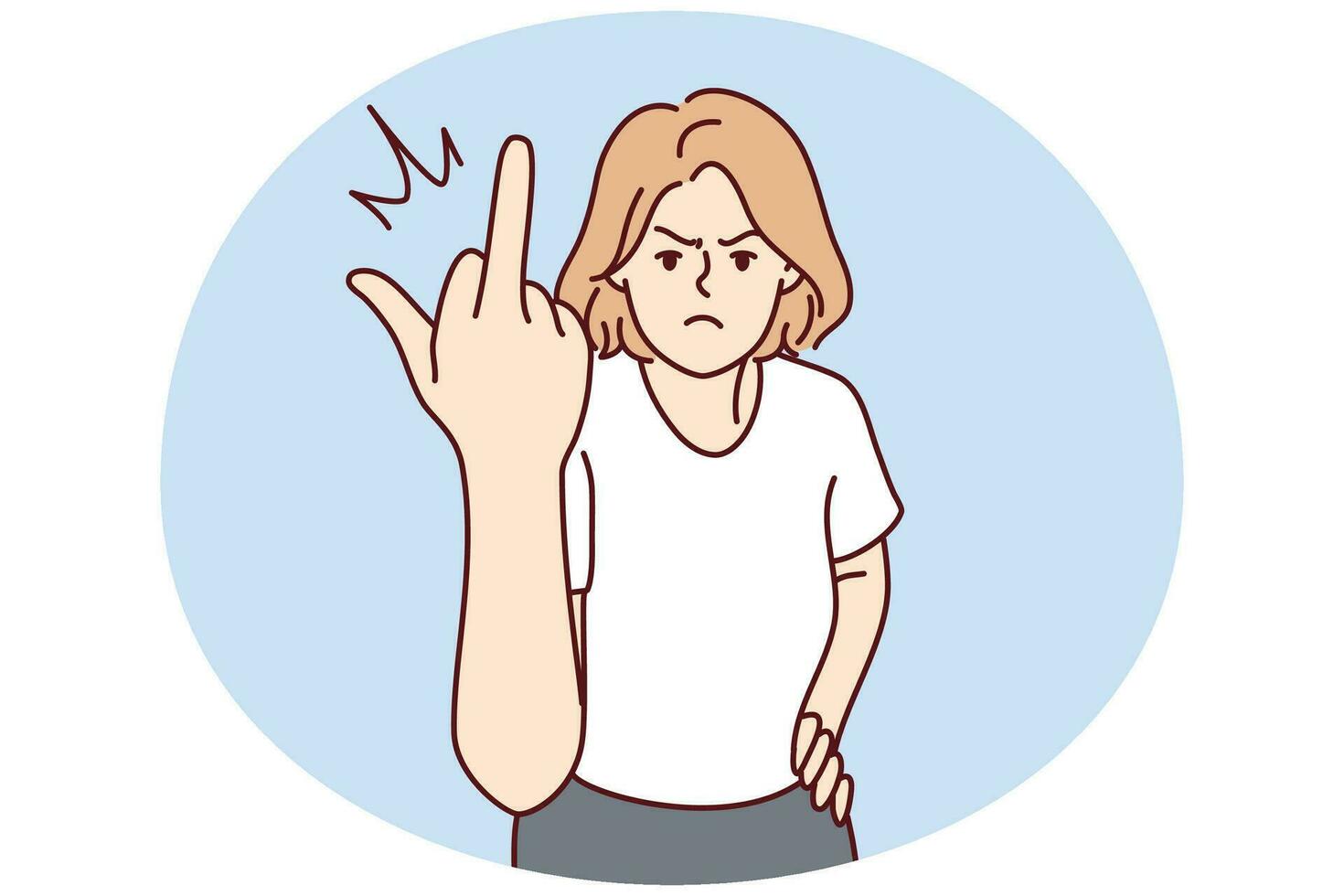 Furious young woman show fuck you gesture. Angry girl demonstrate middle finger. Nonverbal communication. Vector illustration.