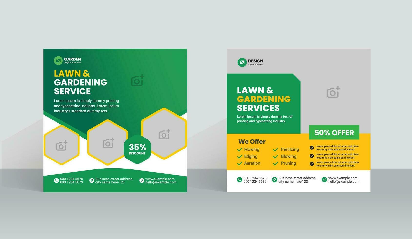 Lawn Mower Garden or Landscaping Service Social Media Post and Web Banner Template. Mowing poster design, leaflet. grass, equipment, gardener vector