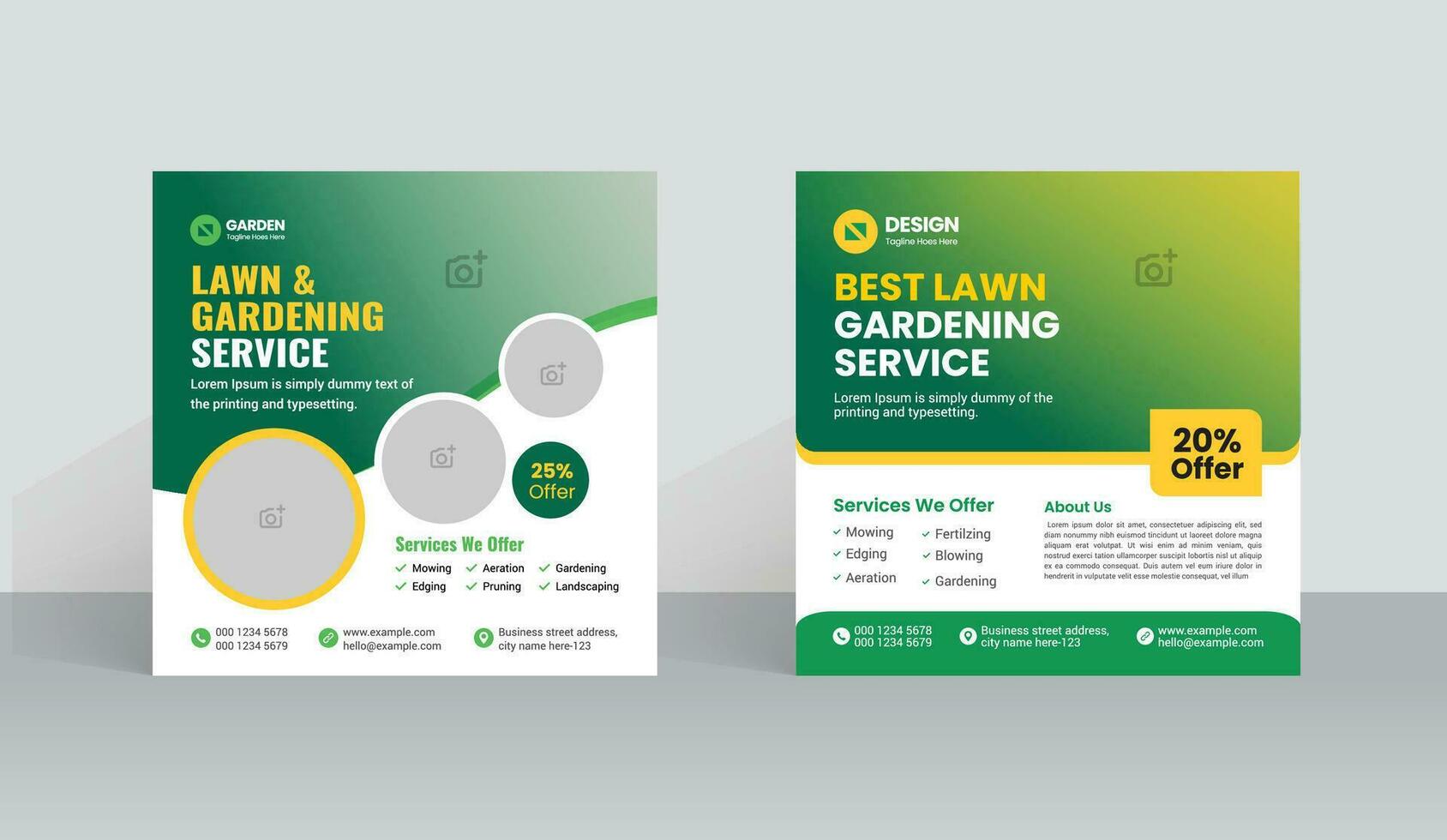 Lawn Mower Garden or Landscaping Service Social Media Post and Web Banner Template. Mowing poster design, leaflet. grass, equipment, gardener vector