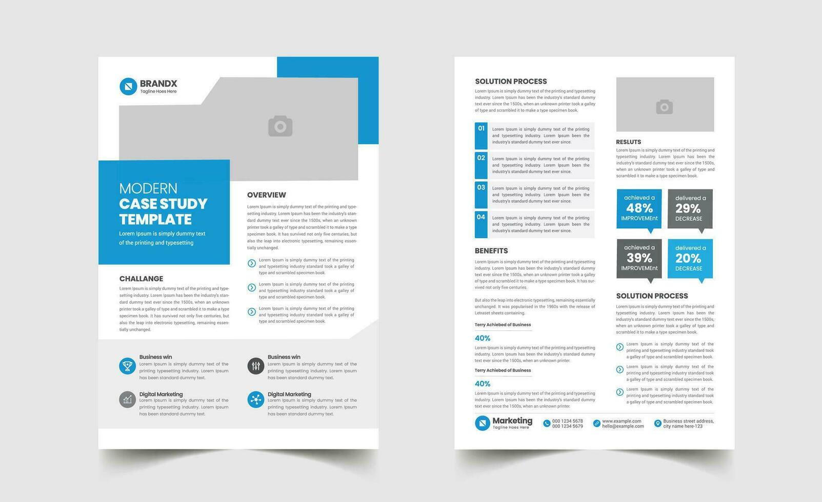 Case study template and Business case study booklet with creative layout or Double side flyer design vector