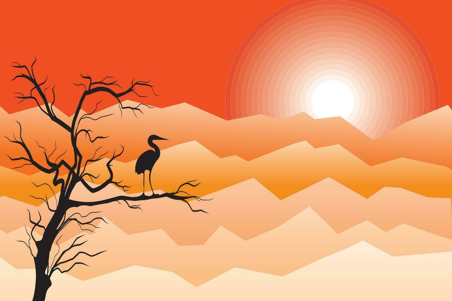 ilustración ver de el montaña con silueta árbol y pájaro en rama y Dom en naranja cielo antecedentes. vector