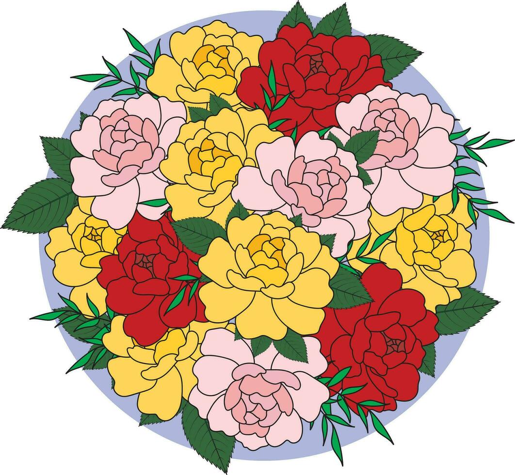 Illustration bouquet of rose flower with leaves on circle background. vector