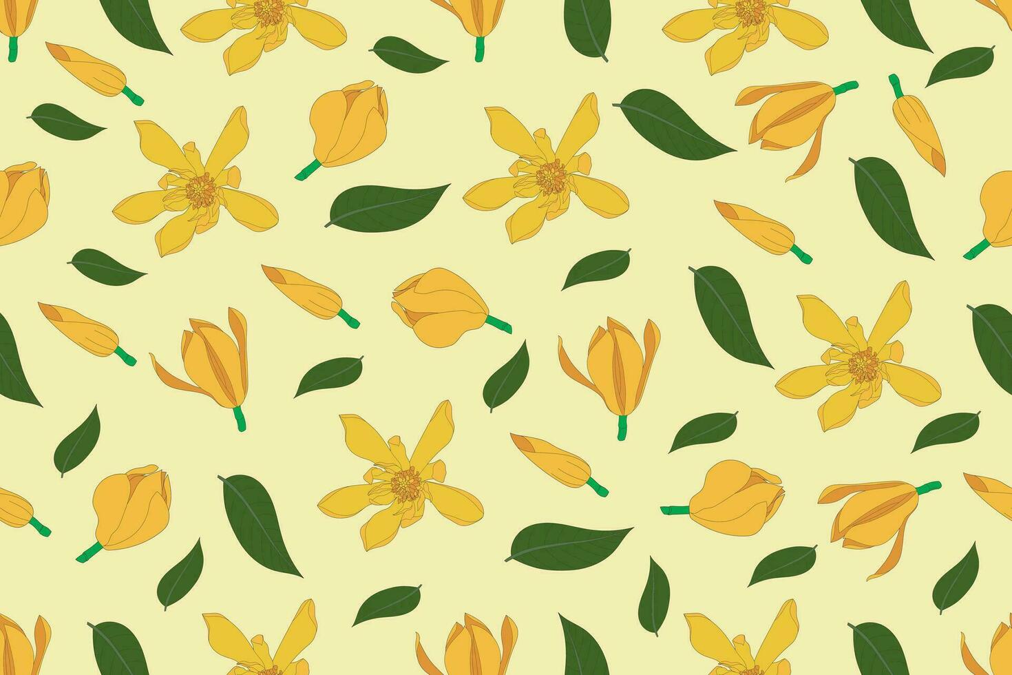 Illustration pattern of Yellow Champaka blooming flower with leaves on soft yellow background. vector
