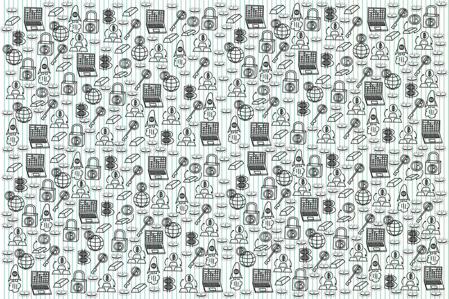 Abstract outline of bitcoin equipment on green line background. vector