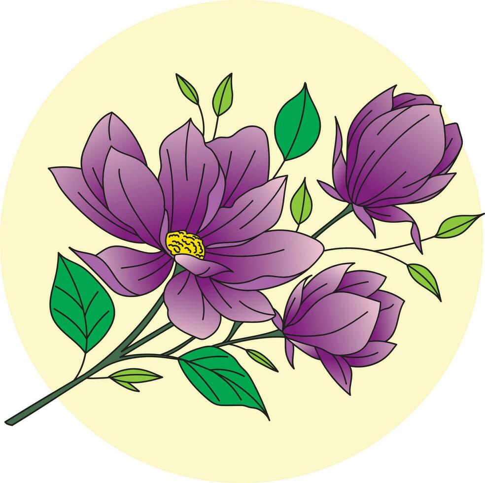 Illustration of magnolia flower with leaf on soft yellow circle background. vector