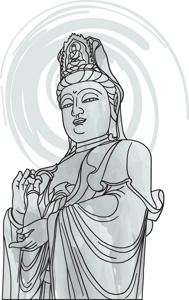 Abstract line of Chinese gods Kuan Yin with color paint background. vector