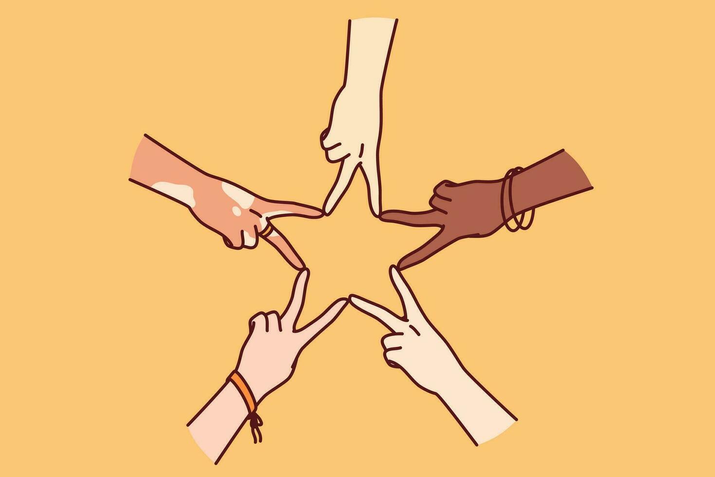 Hands of multiracial people making star shape from fingers, for concept tolerance and non-discrimination. Hands of different people together showing gesture of solidarity and peace vector