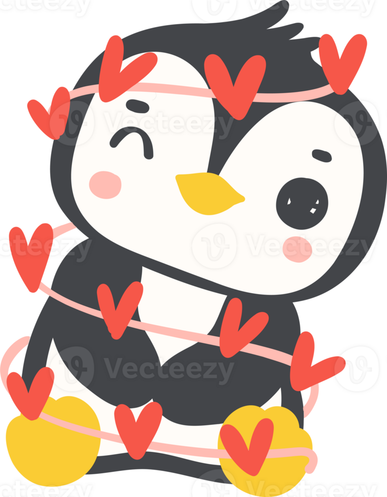 Cute baby penguin valentine love illustration, cute kawaii playful animal character in flat design png