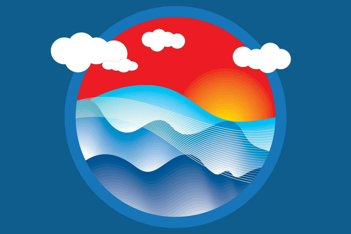 Illustration circle with sunrise on blue mountain and white line on deep blue background. vector