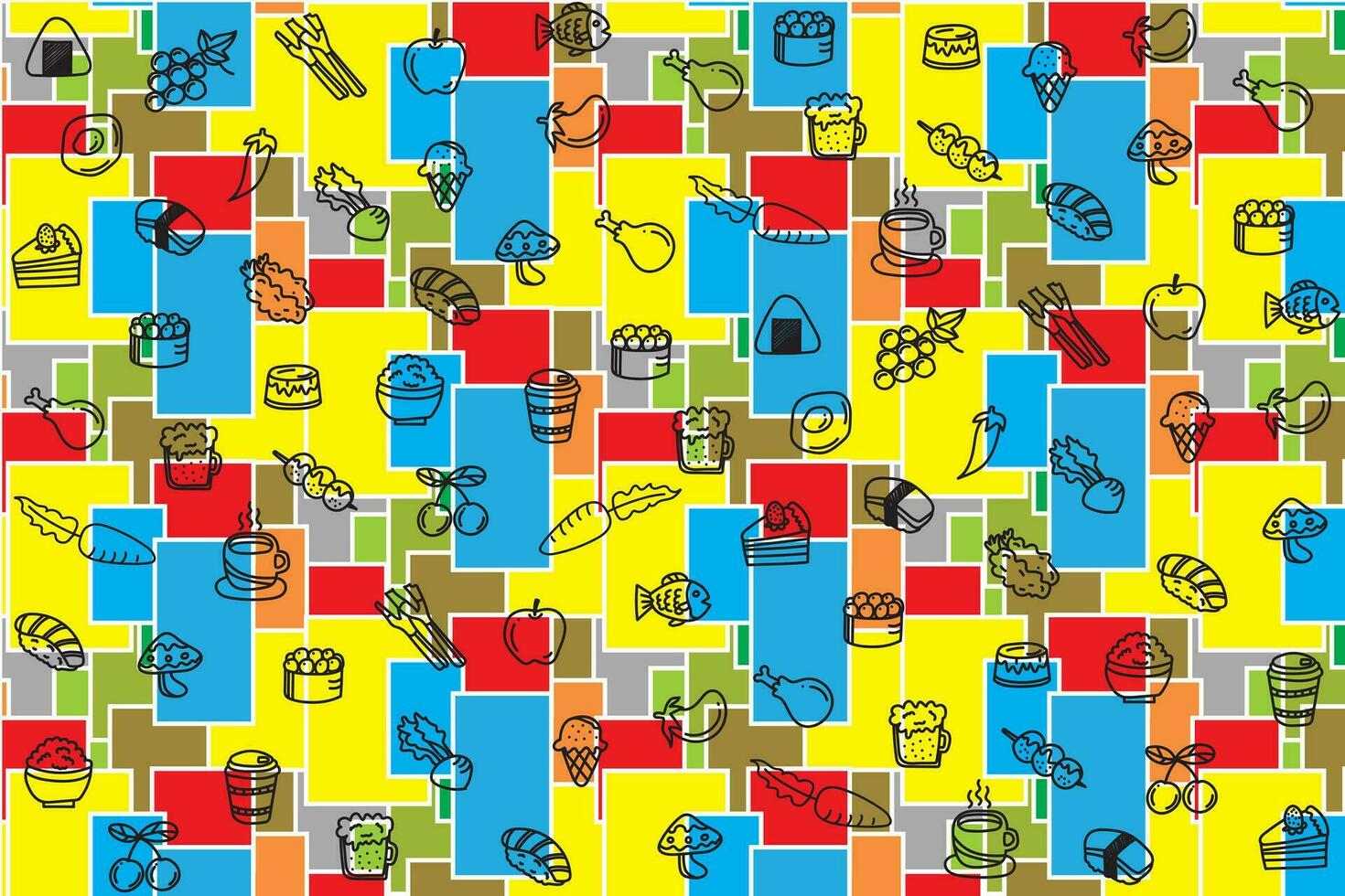 illustration abstract line foods on square with multi color background vector