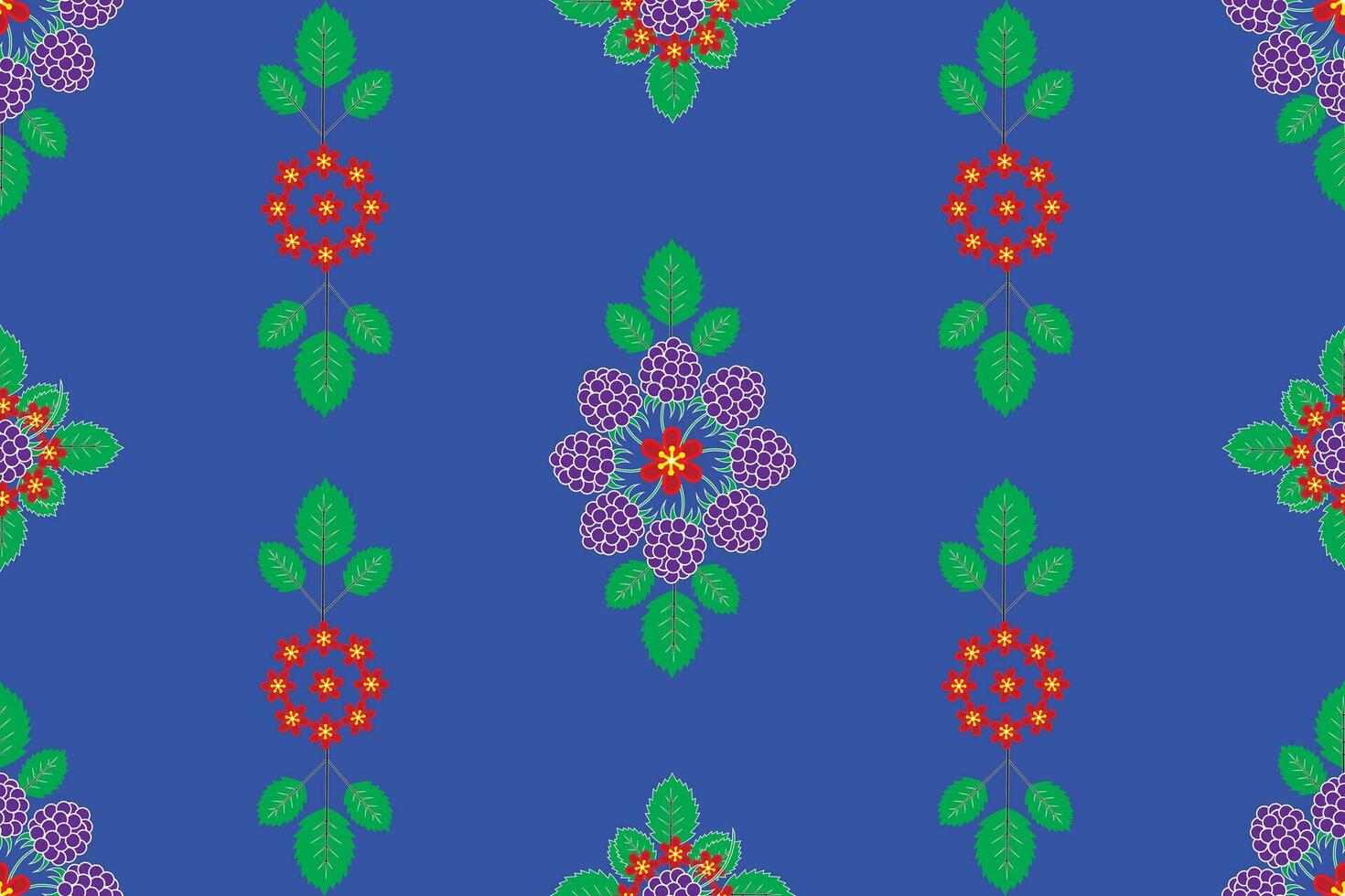 Illustration, pattern of raspberry with flower and leaf on blue background. vector