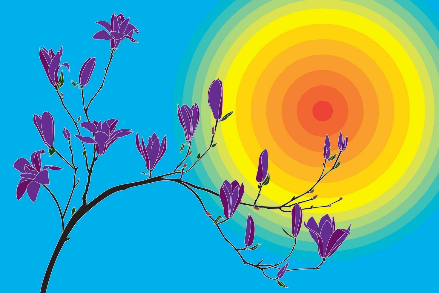 ilustración de verbanica platillo magnolia flor son floreciente en rama con circulo degradado amarillo a azul antecedentes. vector