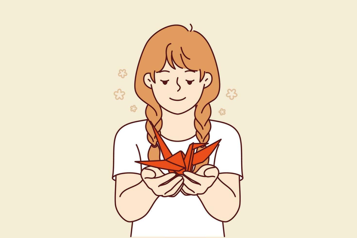 Little girl holds origami swan in hands, made together with school teacher at lesson in creative skills. Happy teenage child is addicted to origami, and shows fake symbolizing peace and prosperity vector