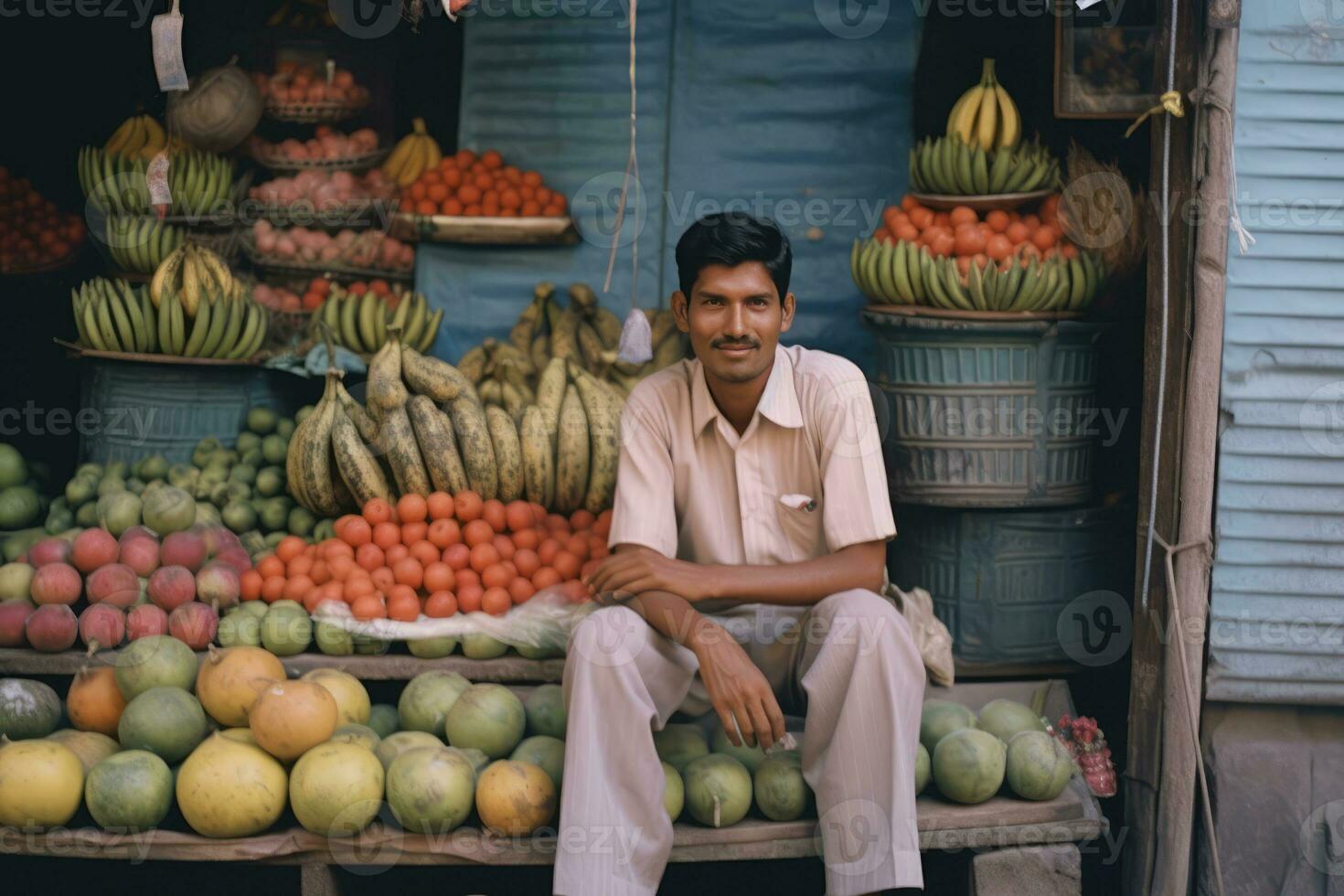 AI generated A man sitting amidst a fruit stand in his store photo