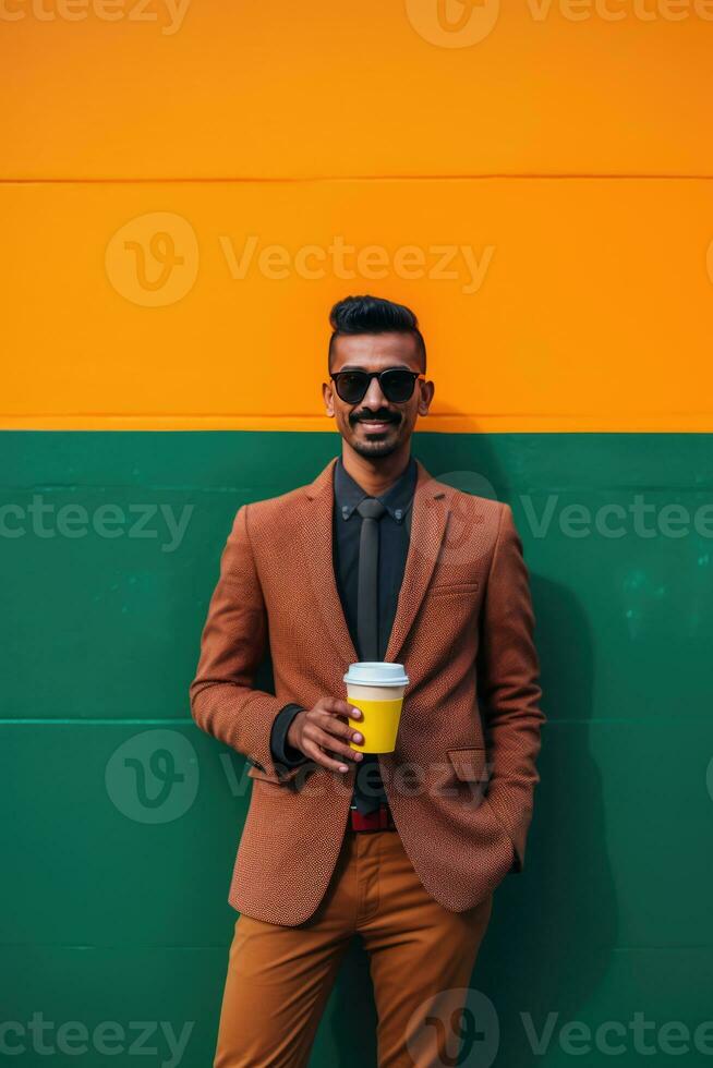 AI generated Stylish man in a suit stands in front of a bright orange wall, holding a cup of coffee photo