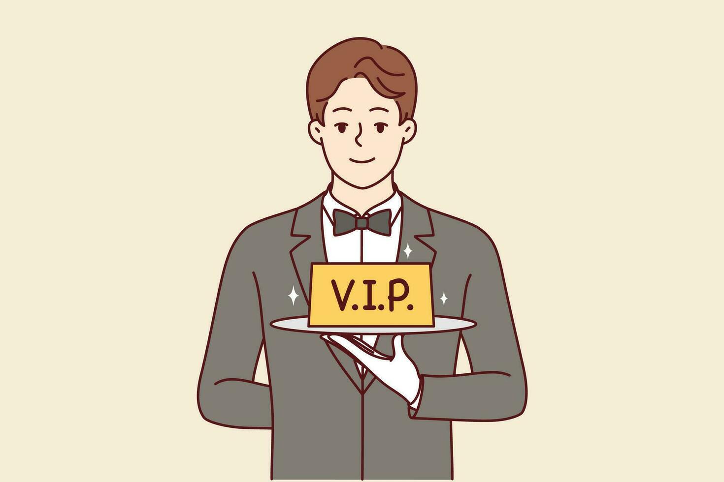 Man restaurant waiter holds vip sign on tray, offering to book table with personalized service. Guy in suit and white gloves works as professional waiter in catering company with vip clients. vector