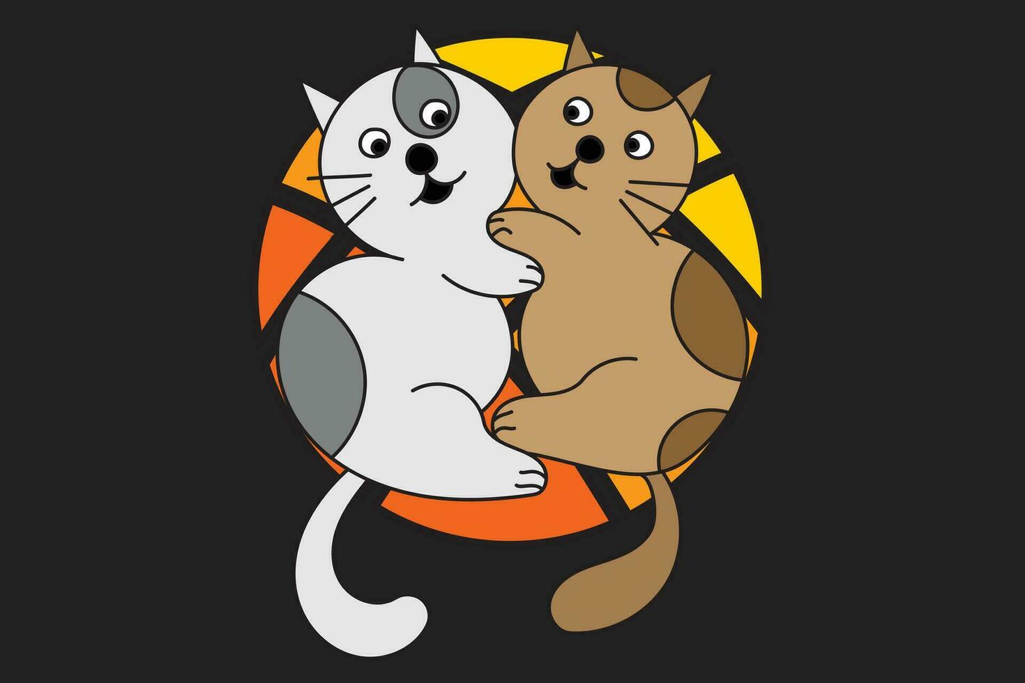 Two cats cudding on circle color with dark grey background vector