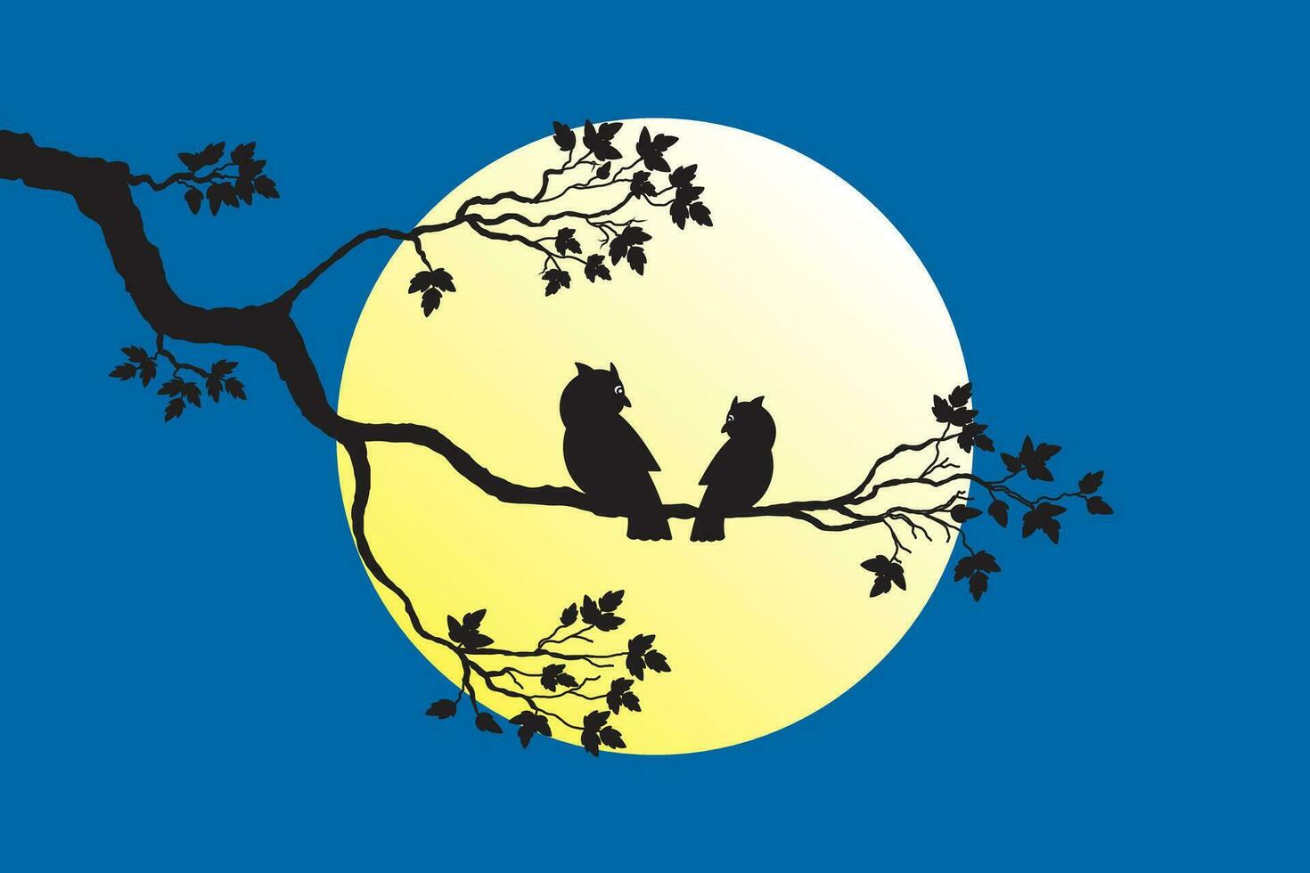 Abstract silhouette tree with two owls on branch with moon and empty blue background. vector