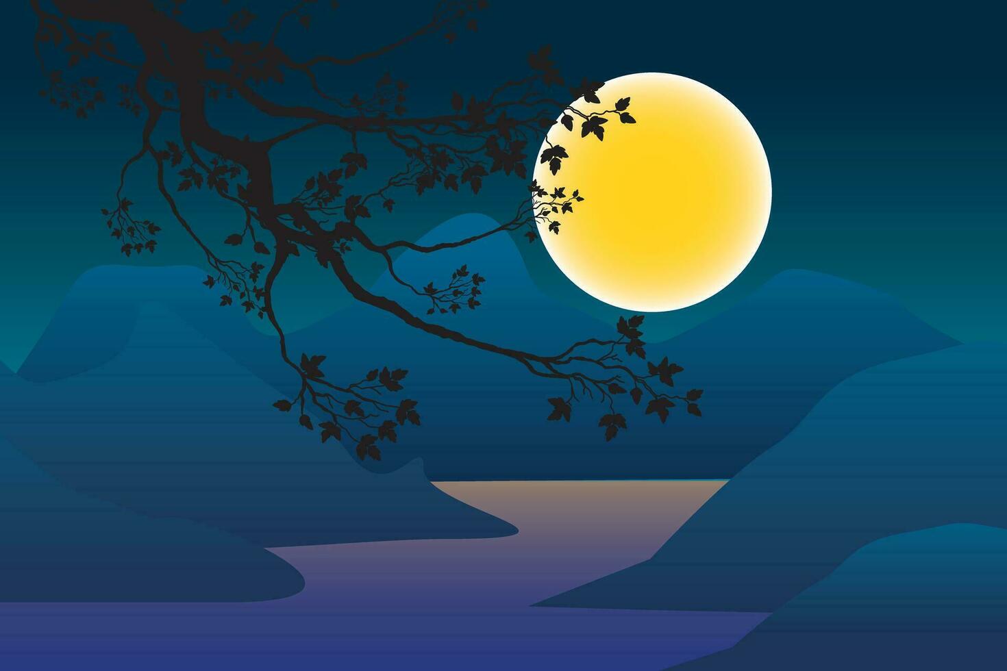 resumen silueta árbol en noche ver de azul montaña y lleno Luna en azul cielo con lago. vector