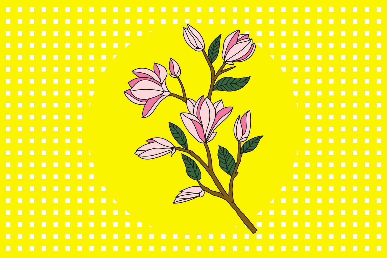 Illustration of Verbanica Saucer Magnolia flower are blooming on yellow circle and yellow dot background. vector