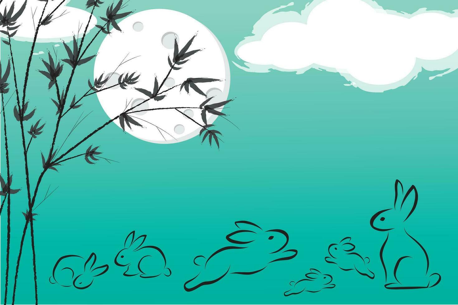 Illustration rabbit with full moon and bamboo on green gradient background vector
