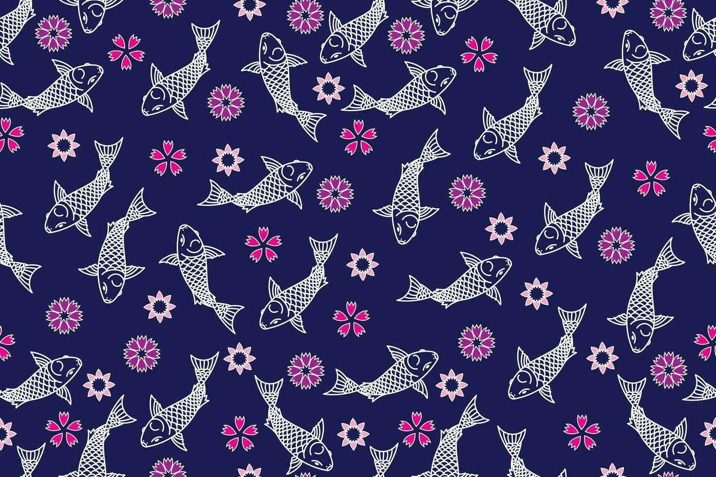 Illustration of white koi fish with flower on blue background vector