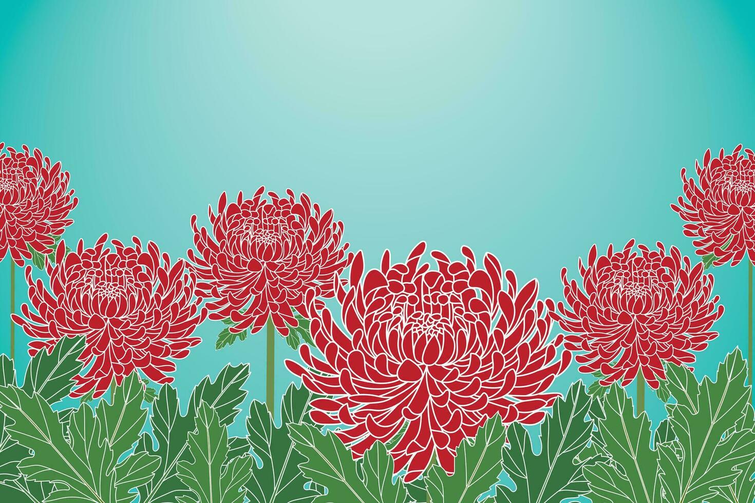 Illustration of Red Chrysanthemum flower with leaf on soft blue gradient background. vector