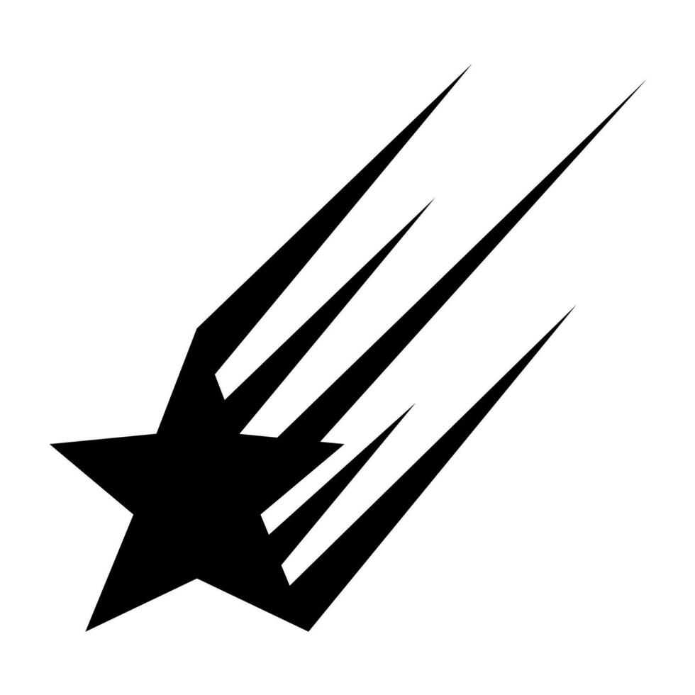 Vector silhouette of shooting star with black pointed path on white background. Suitable for logos about space objects meteoroids, comets, asteroids. Illustration of falling celestial bodies