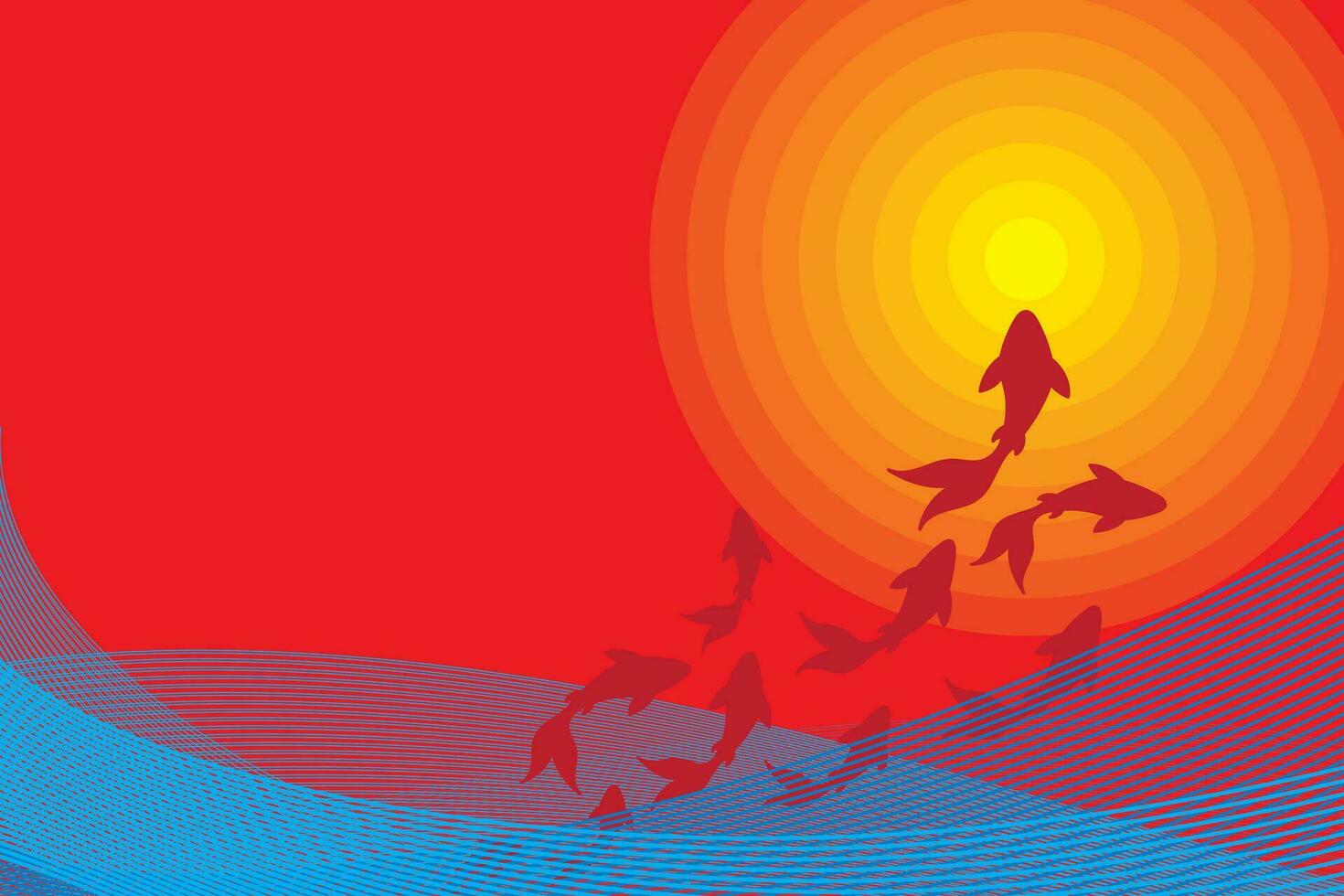 Illustration abstract of red fish with blue line wave and yellow gradient circle background. vector