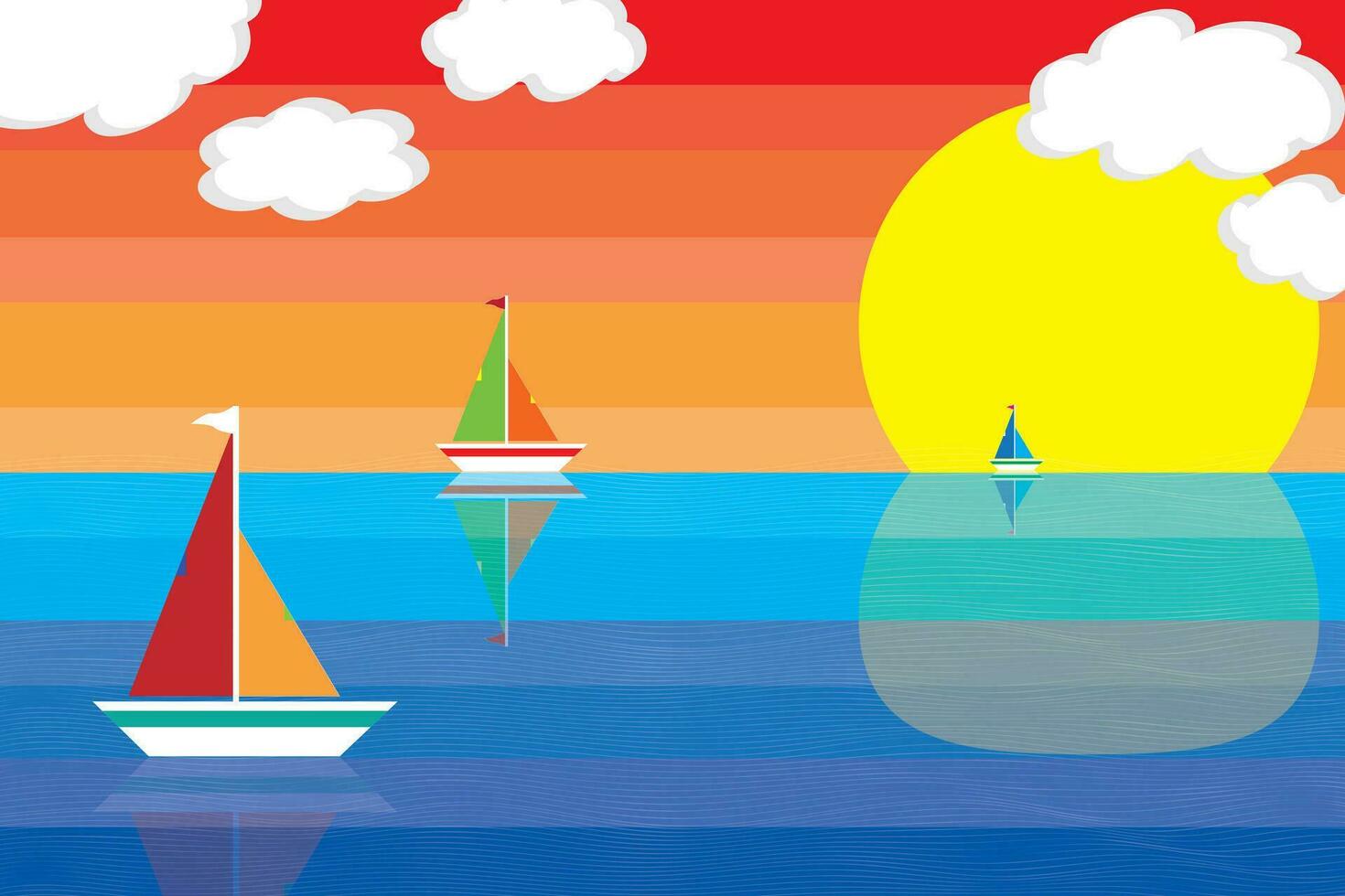 Three boat on the sea with big sun and clouds on multicolored background. vector