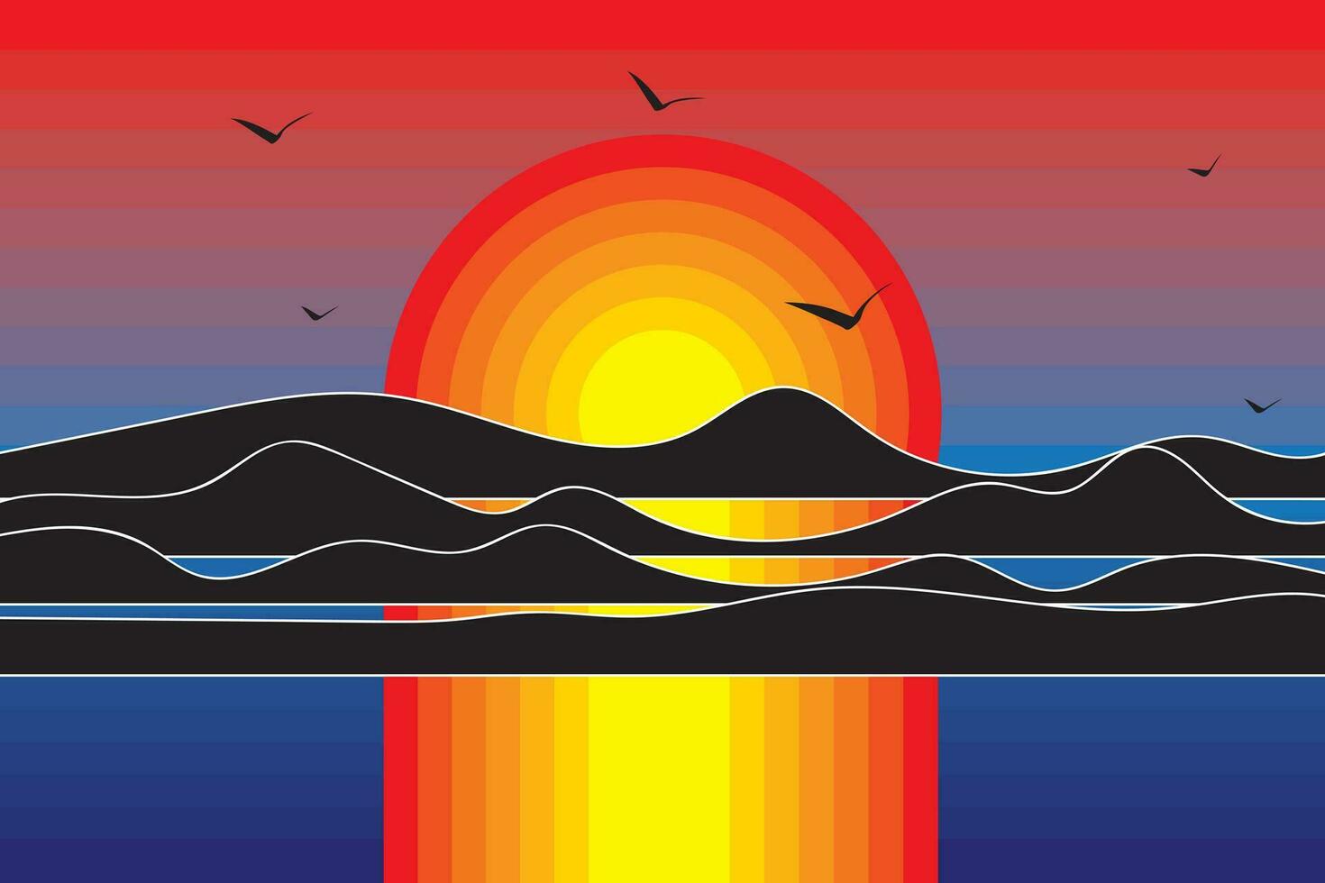 Illustration the abstract of sunset sky with gradient color and silhouette bird and mountain background. vector