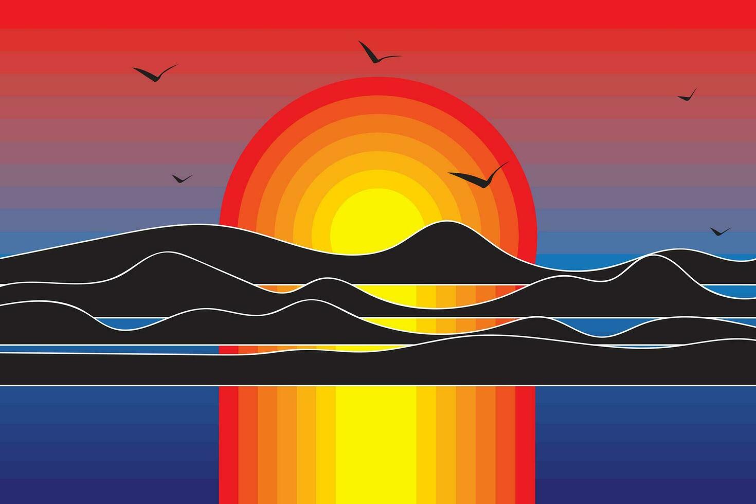 ilustración el resumen de puesta de sol cielo con degradado color y silueta pájaro y montaña antecedentes. vector