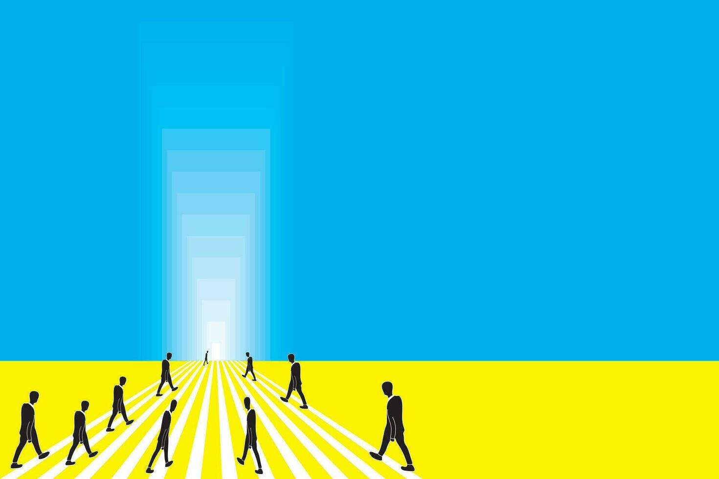 Illustration silhouette people walking toward the destination of light with white line on yellow and blue empty background. vector